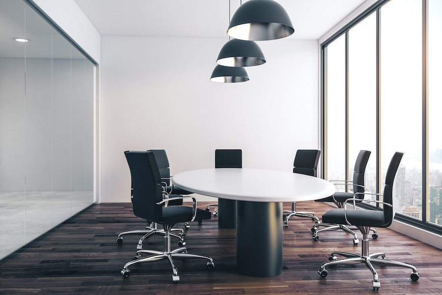 Coworking  conference room interior with city view and daylight. 3D Rendering