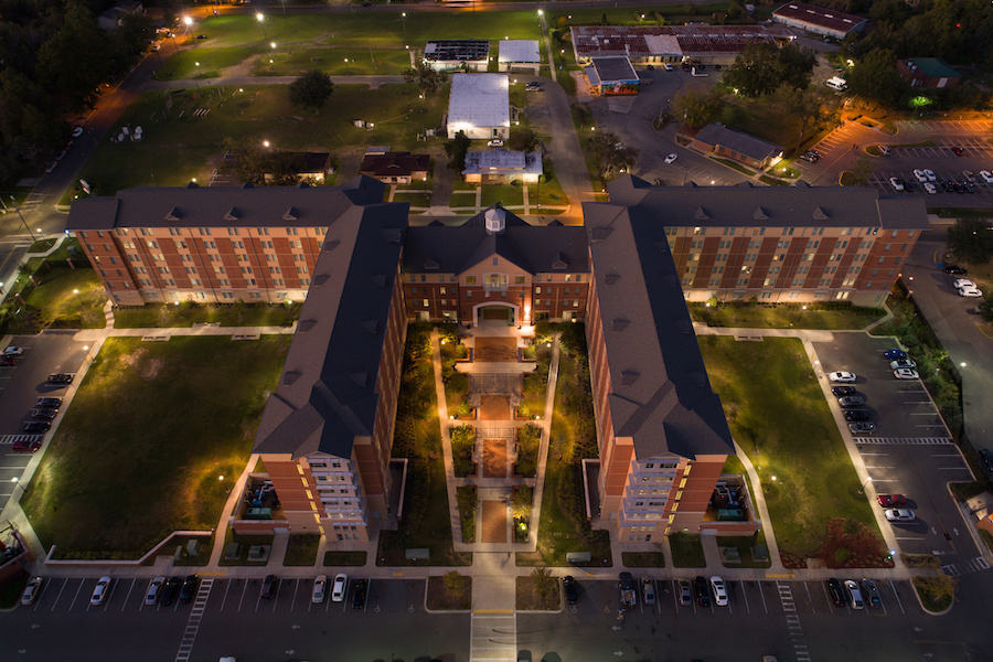 Night aerial college dorm building